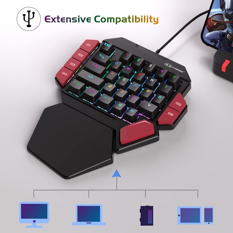 MageGee One Handed Professional Gaming Keyboard, RGB Backlit 35 Keys Mini Wired Mechanical Keyboard with Blue Switch for PC Gamer, Support 6 Macro Keys - Black/Red - Image 5